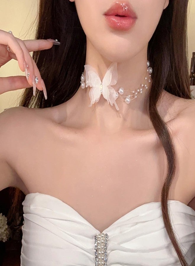Rannyrena Boho Lace Butterfly Y Necklace Layered Long Wrap Choker Necklace Dainty Pearl Station Bow Tie Necklace for Women (White) - Image 3
